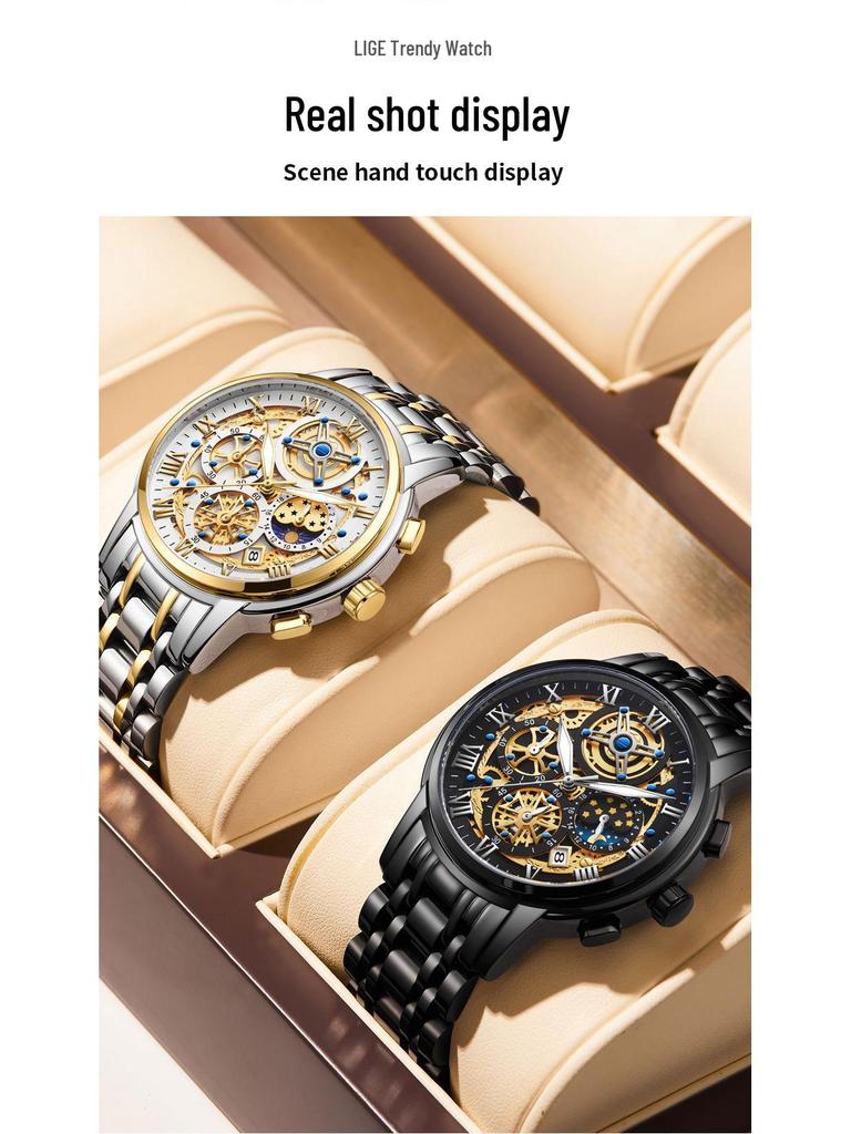 Ceas de mână elegant cu schelet pentru bărbați, cu mecanism quartz: Luminos, Rezistent la apă, Brățară din oțel