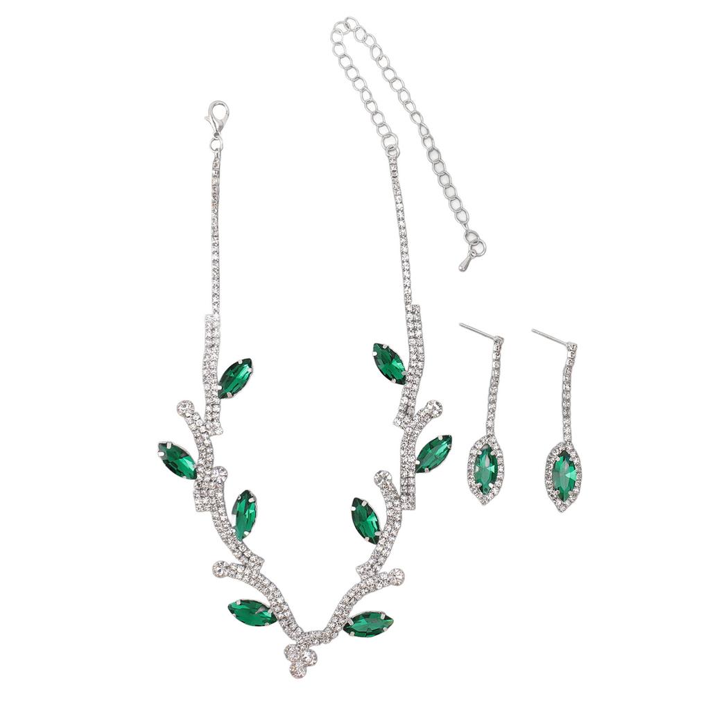 Damen Halskette Ohrring Set Strass Blätter Braut Hochzeit Schmuckset für Geburtstagsfeier Grün und Weiß K