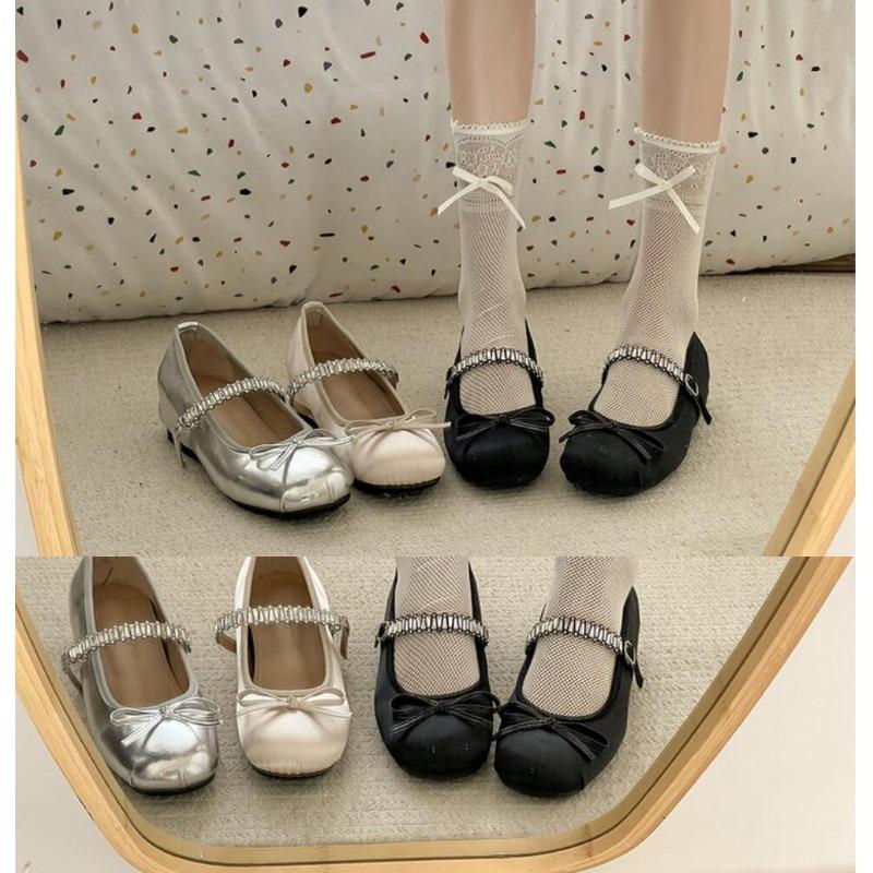 Designer Shining Rhinestone Women Mary Jane Shoes Concise Internal Increase Ballet Shoes Spring Ladies Butterfly-knot Dress Shoe