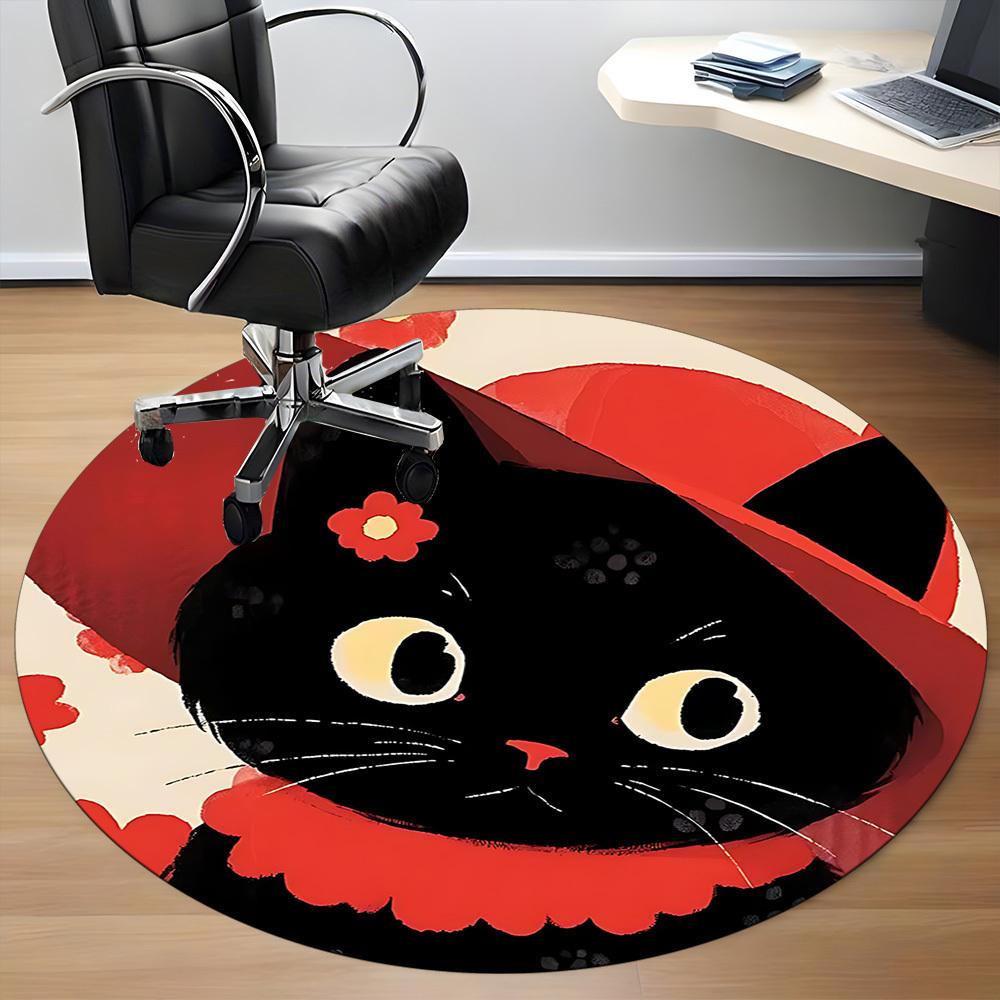 1PC Cat Floral Office Round Area Rug,  Mat Suitable ForOffice, Under Office Chairs Bedroom Living Room Home Decor, Room Deco