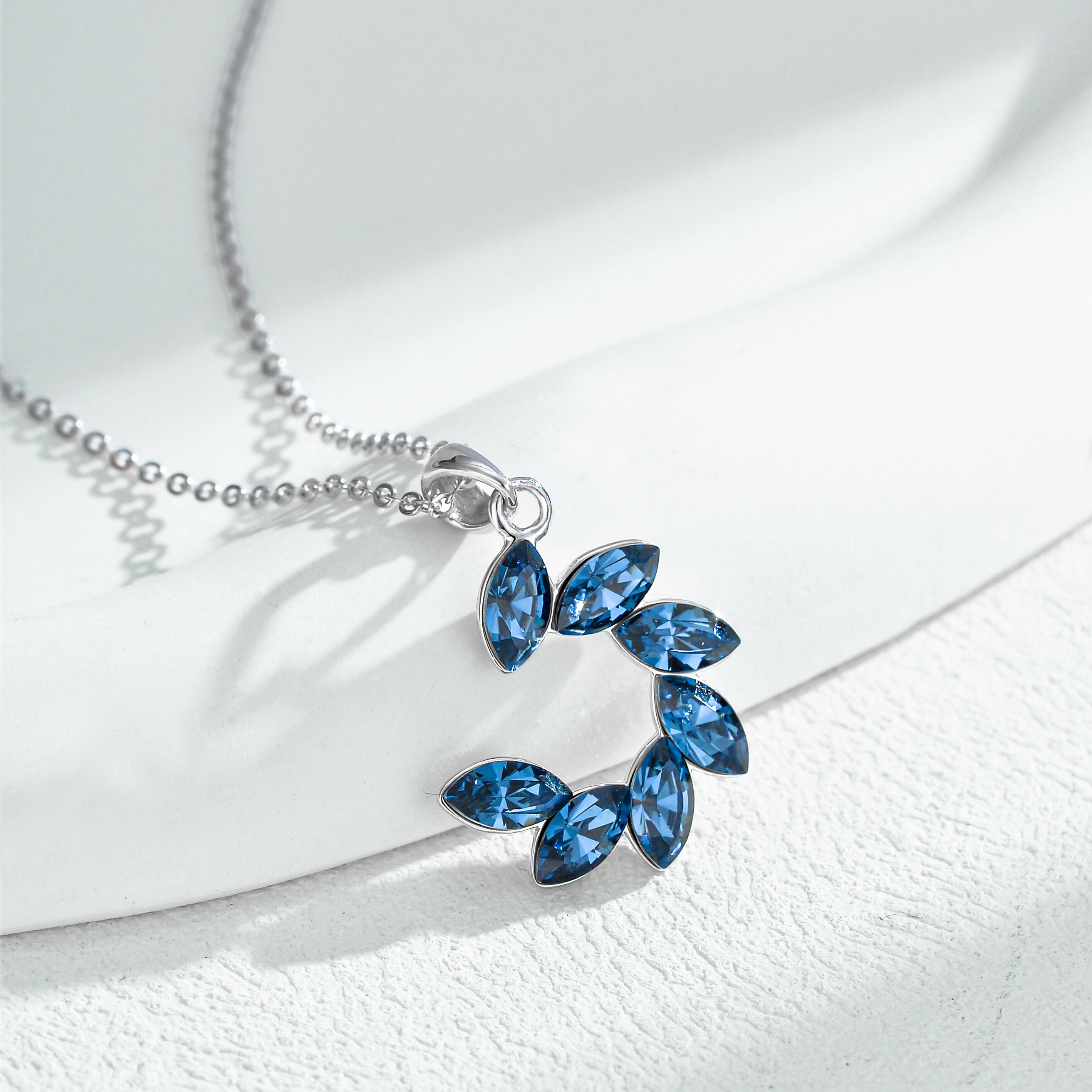 Exquisite 925 Sterling Silver Blue Austrian Crystal Marquise Cut Pendant Necklace for Women 40cm+5cm