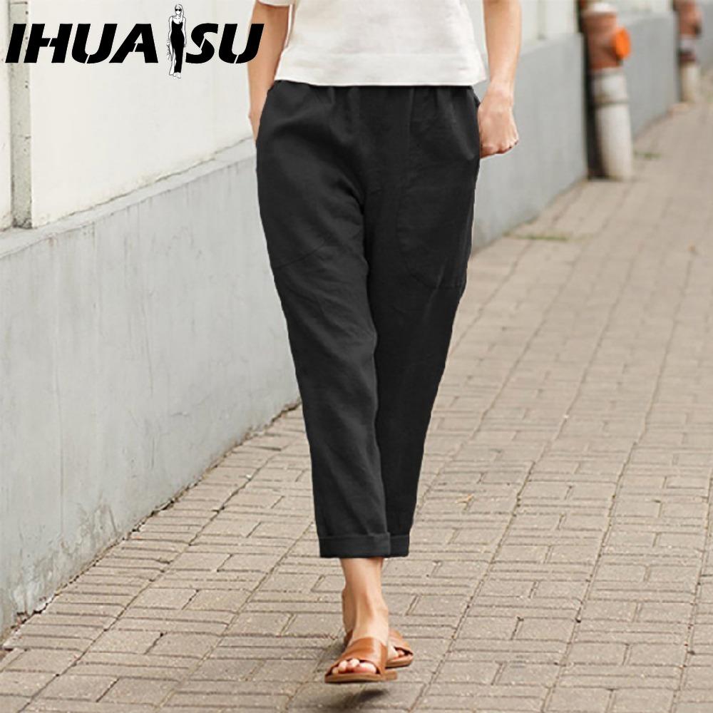 IHUASU Dámské letní jednobarevné kalhoty s dvojitou kapsou volné dlouhé kalhoty dámské bavlněné lněné kalhoty