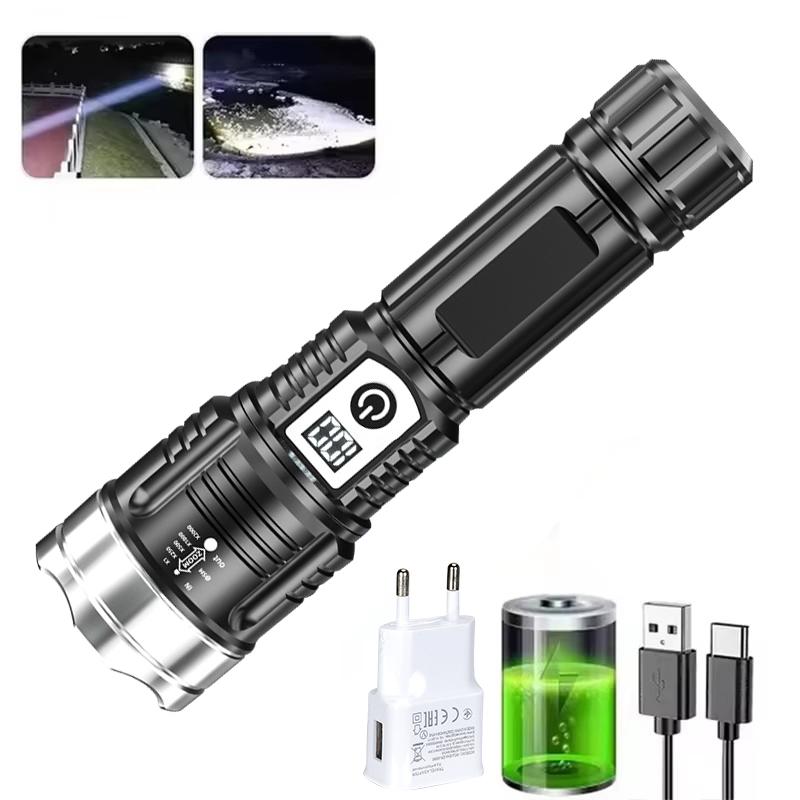 9000LM Powerful LED Flashlight Built-in Battery USB Rechargeable Zoom Torch With Power Display Outdoor Tactical Flashlights