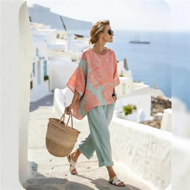 1116 European and American Bohemian Style Printing Suit Women's Loose Casual Shirt Wide-leg Pants Two-piece Set New