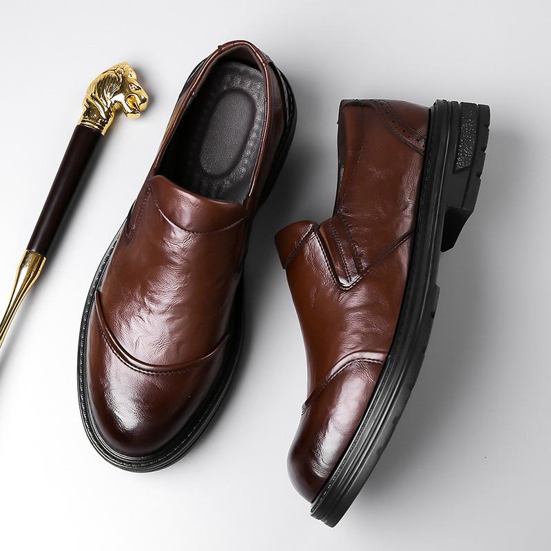 2025 autumn new men's business casual leather shoes men's hand scratch round head foot cover single shoes platform shoes 2355
