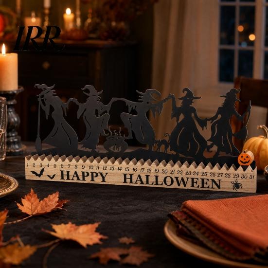 Halloween Office Decor Dancing Witch Countdown Table Ornament, Rustic Wooden Home Handcrafted Art for Party Centerpiece, Spooky Haunted House Tabletop