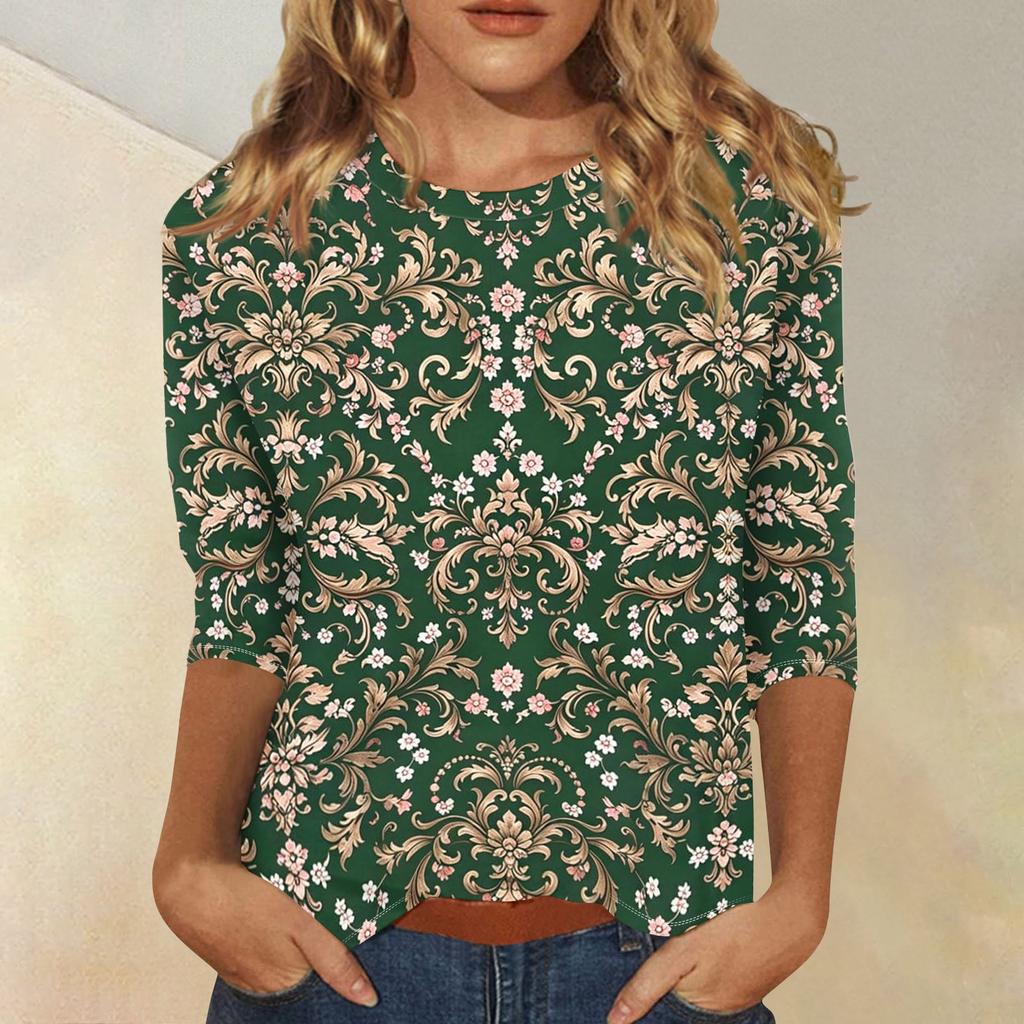 Women's Casual Floral Print Three Quarter Sleeve Top Round Neck Blouse Lightweight Comfortable Fit Suitable for Everyday Wear