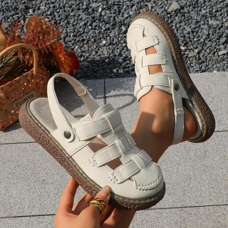Fashion Vintage Hollow Out Back Strap Gladiator Sandals Classic Round Toe Low Heel Sandals Soft Thick Bottom Non Slip Mom's Shoes