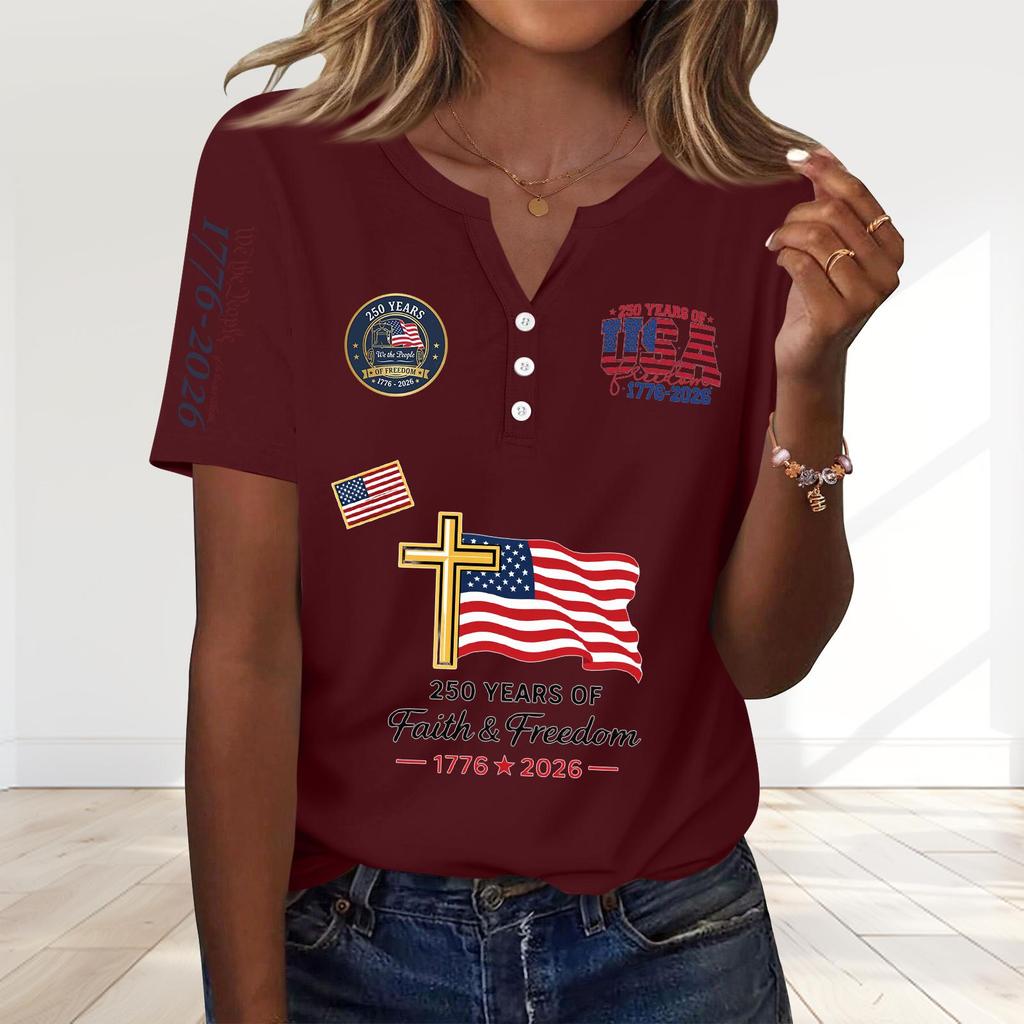 Women's Fashion Casual 250th Anniversary Independence Day Print V-Neck Short Sleeve Decorated Button-Up T-Shirt