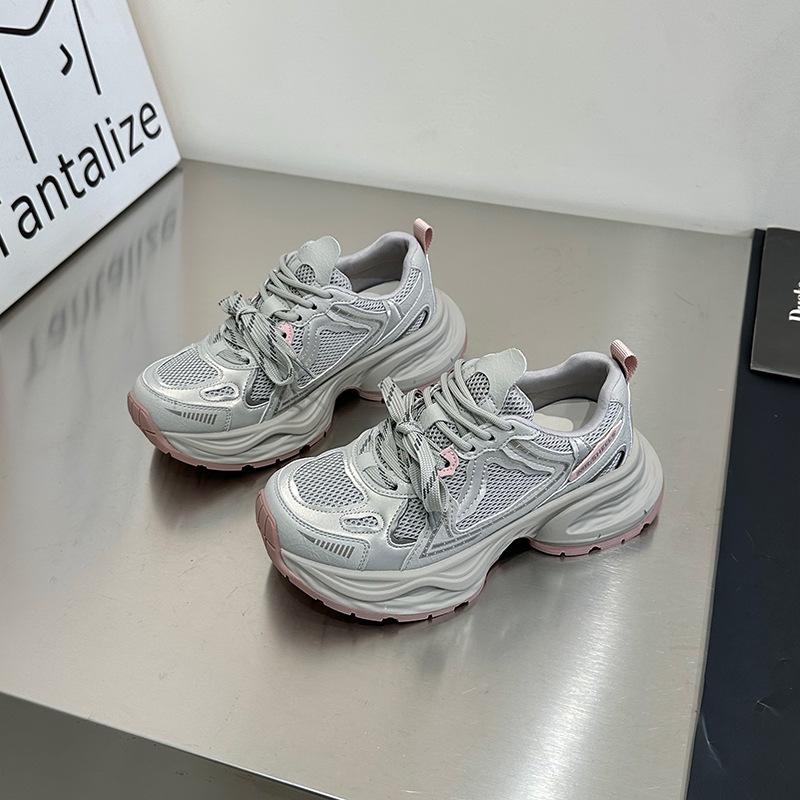 Double color ribbon~ leather thick-soled dad shoes women's 2025 spring models are breathable, lightweight, heightening and small casual sports shoes