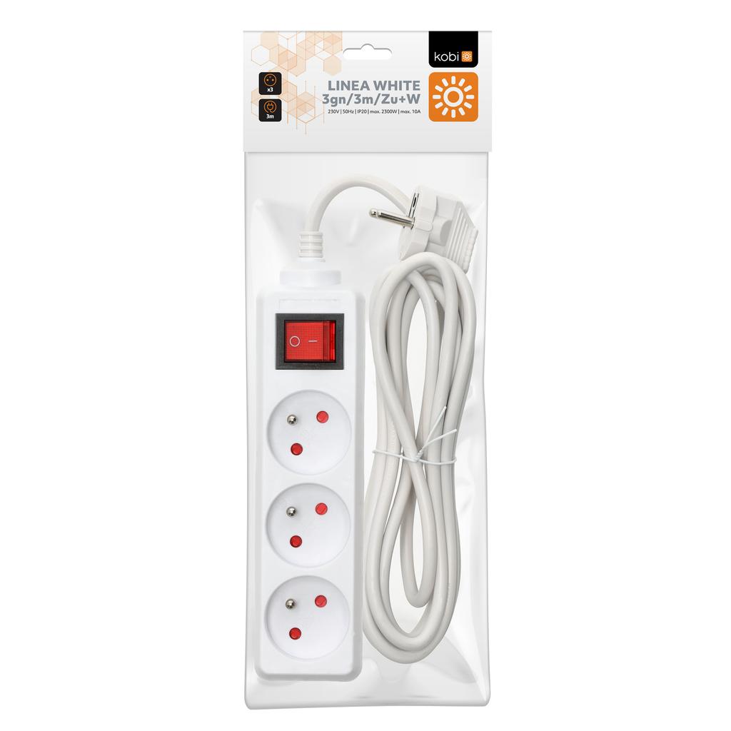 Home Extension Cord, 3 Sockets, 3m, with Grounding and Switch, White
