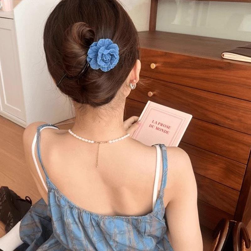 Modrá džínová květina horizontální klip sladká cool pokrývka hlavy twist klip gumová šňůrka dívčí klip knoflík vlasové doplňky