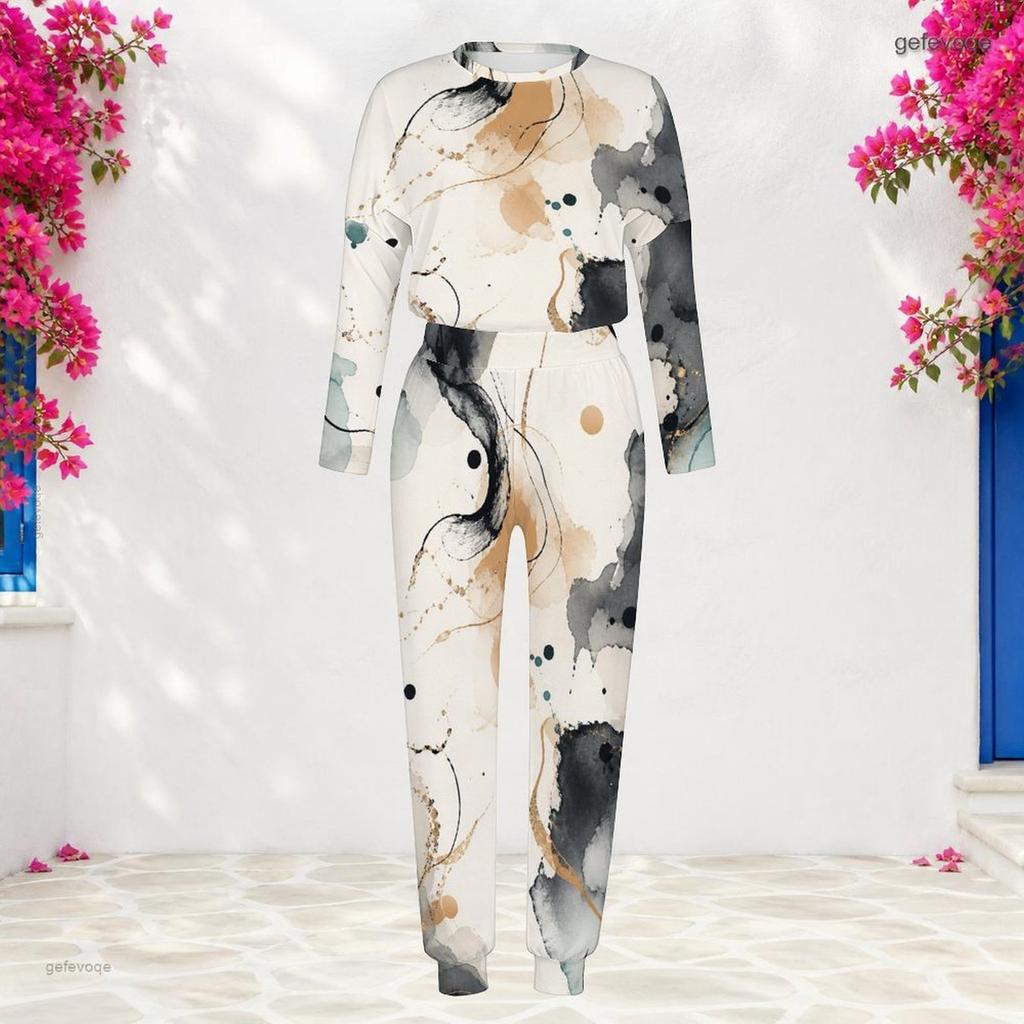 Women Plus Size Blue Printed Round Neck Long Sleeve Two Piece Pants Set Cuffed Top Cuffed Pants With Pockets