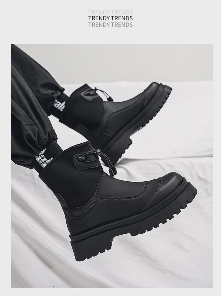 Men's Winter Fashion Waterproof Non-Slip High-Top Leather Boots with Thick Soles and Height Increase