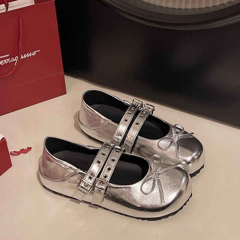 French retro silver round head light mouth flat-soled single shoes women's 2025 new summer soft-soled ballet Mary Jane shoes