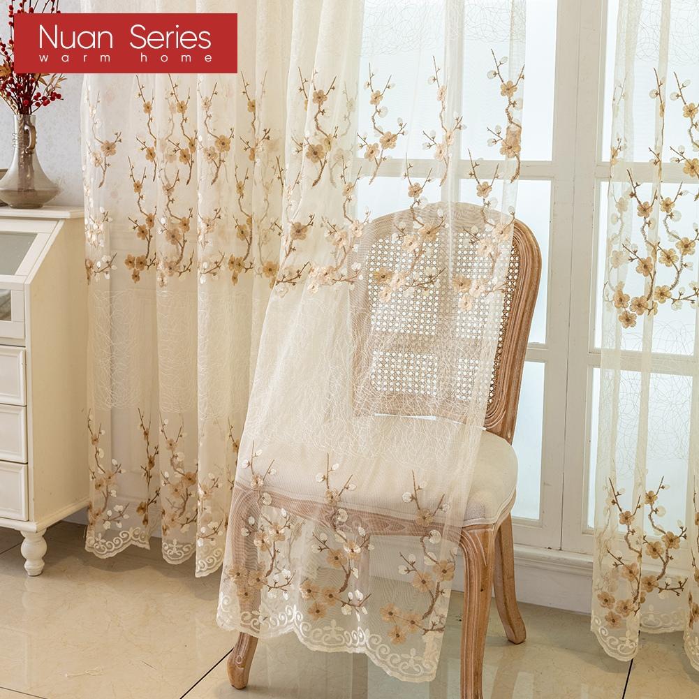 1PC Nuan Series European Retro Embroidered Sheer Curtain, Plum Blossom Pattern Transparent Curtain for Living Room Bedroom Balcony Window Home Decor