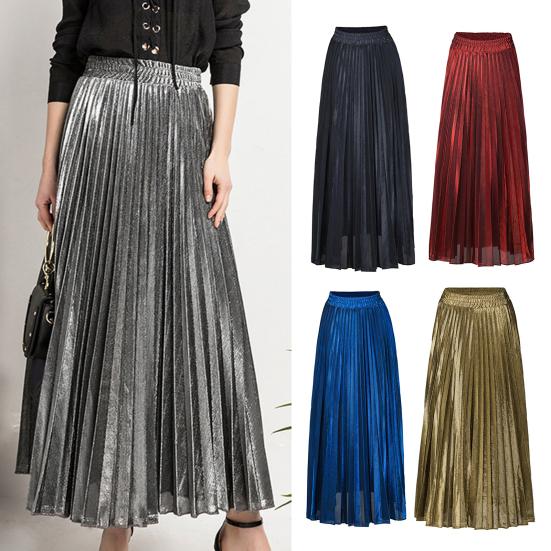 Women Maxi Skirt Elastic High Waist Pleated Golden Long Skirt