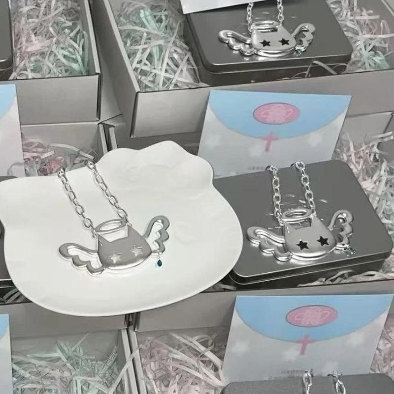 New Y2K Wing Cat Punk Pendant Necklace for Women Korean Fashion Blue Crystal Star Pendant Necklace Charm Accessories