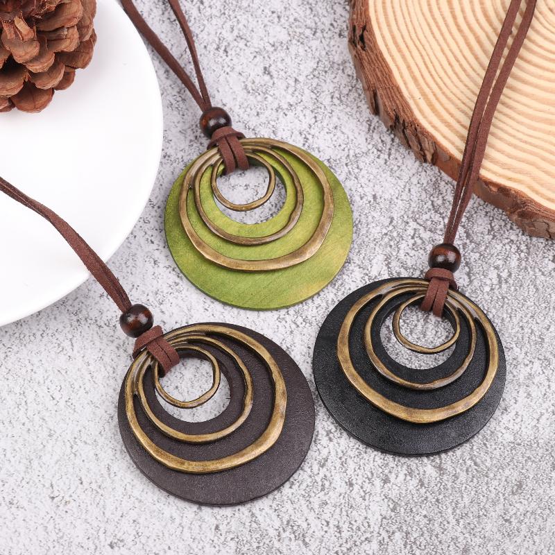 Leather Cord Chain Multilayer Geometric Circle Wooden Pendant Necklaces Vintage Long Sweater Necklace Jewelry Gifts