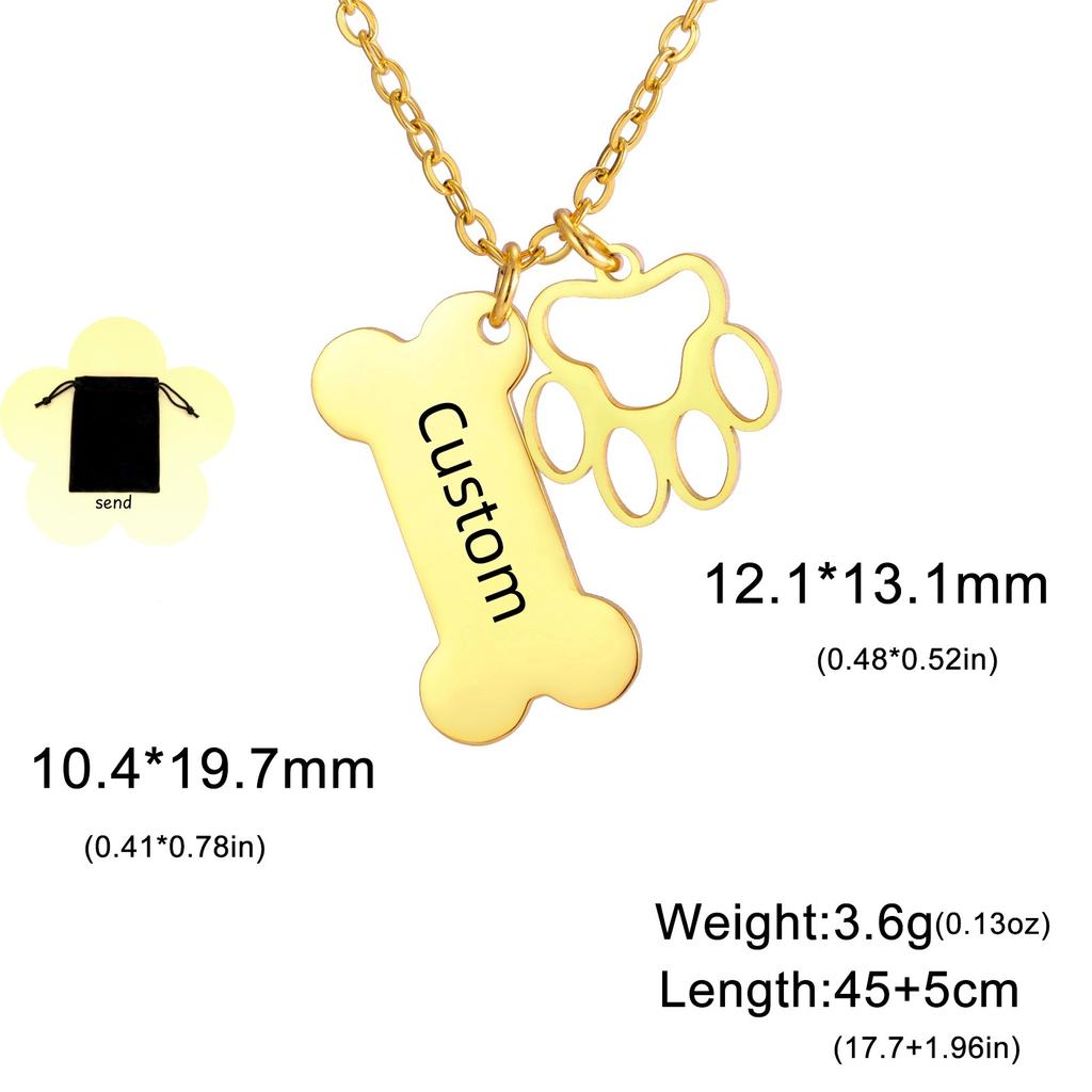 Customized Pet Name Text Hollow Claw Print Bone Pendant Necklace Made of Stainless Steel, Personalized Gift for Pet Lovers