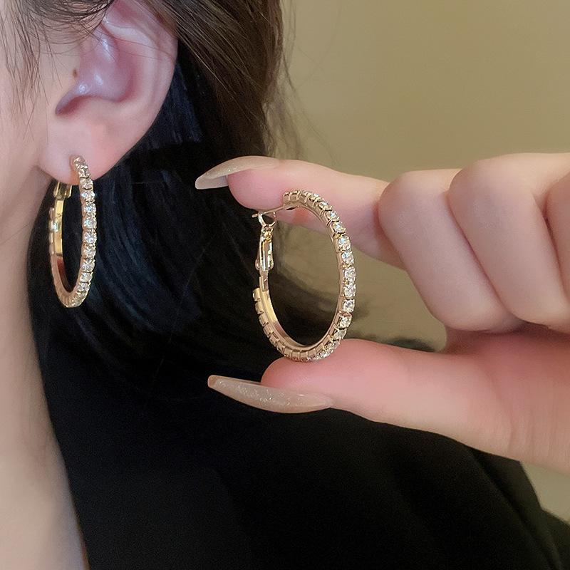 3Pairs Shiny Rhinestone Hoop Earrings Luxury Big Circle Zinc Alloy Exaggerated Personality Earrings Jewelry Female Accessories
