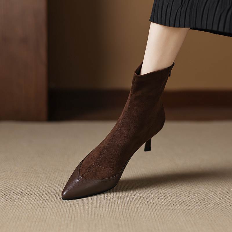 Krazing Pot Flock Pointed Toe Thin High Heels Modern Boots Size 42 Zip Patch Work Women Elastic Ankle Boots