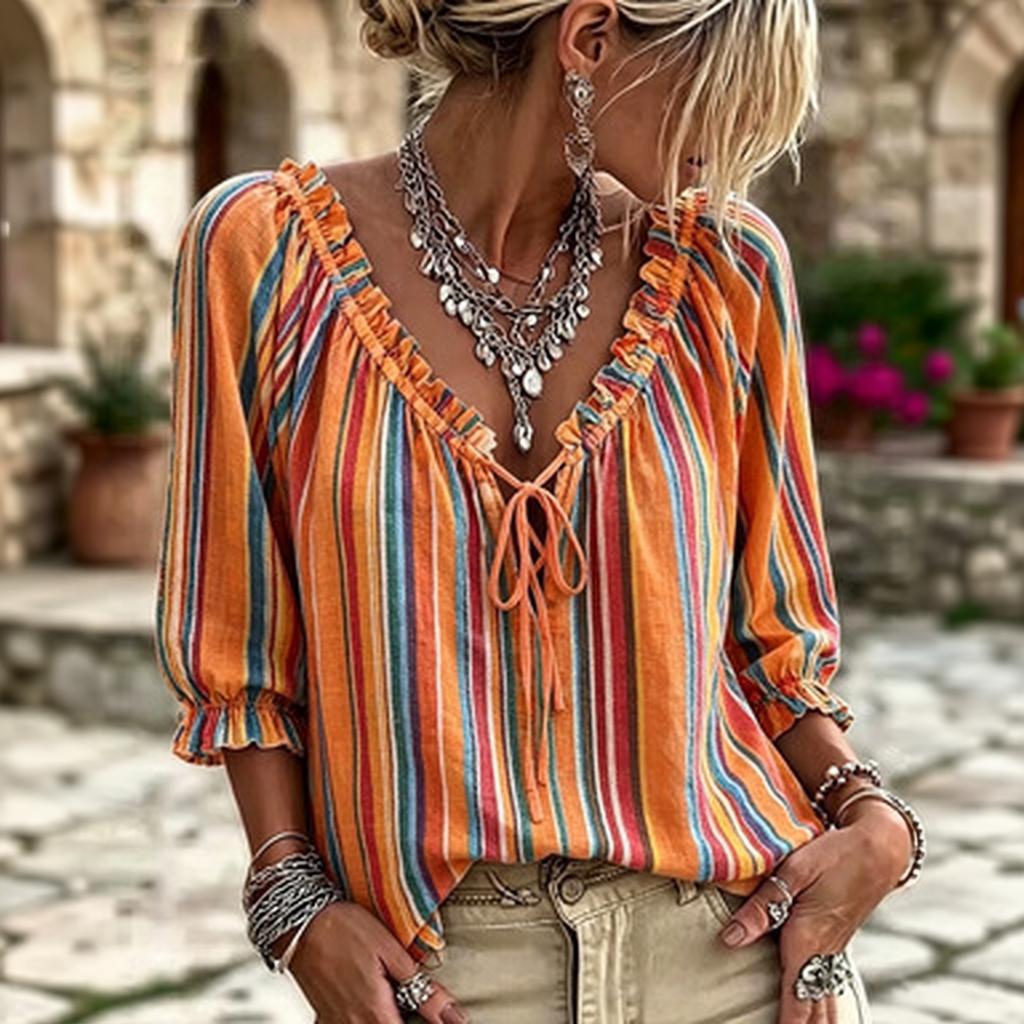 Women's Casual Striped V-Neck Blouse with Tie and Ruffled