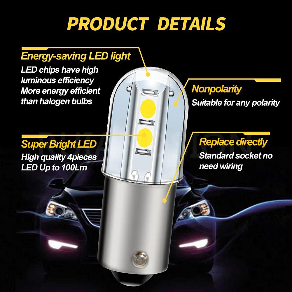 Ruiandsion BA9S LED Bulb 120V AC/DC Miniature Bayonet 9mm BA9s Base 3030 4SMD LED Replacement Bulb for Indicator Pilot Lights,White (Pack of 10)