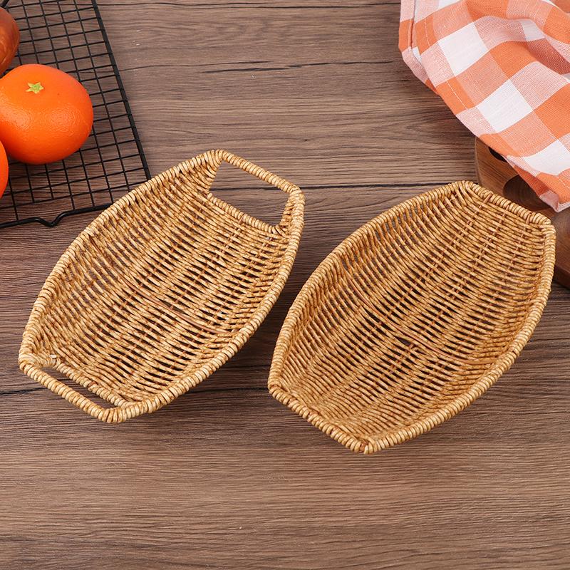 Square Oval Rattan Fruit Bread Snacks Storage Tray Coffee Bar Display Basket Nordic Desktop Cosmetic Sundries Organizer