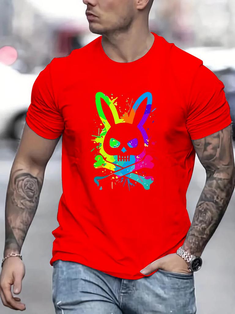 Men's Summer 100% Pure Cotton Fashionable Casual Loose Color Skull and Rabbit Print Sports Round Neck Short Sleeved T-shirt Top