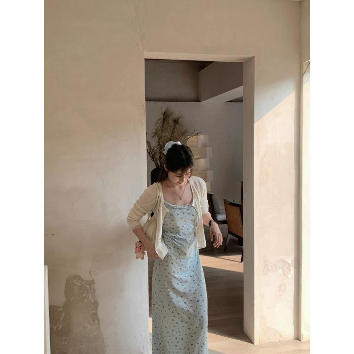 Wind floral suspender dress summer new temperament vacation style waist hip wrap medium and long dress women's tide