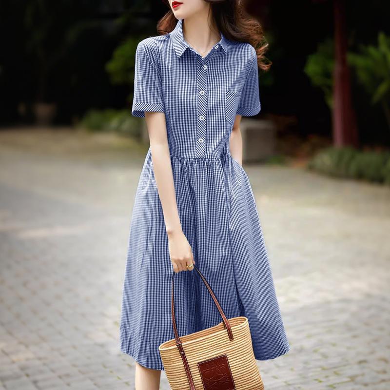 ZANZEA Women Plaid Print Casual Turn Down Collar Short Sleeve Dress