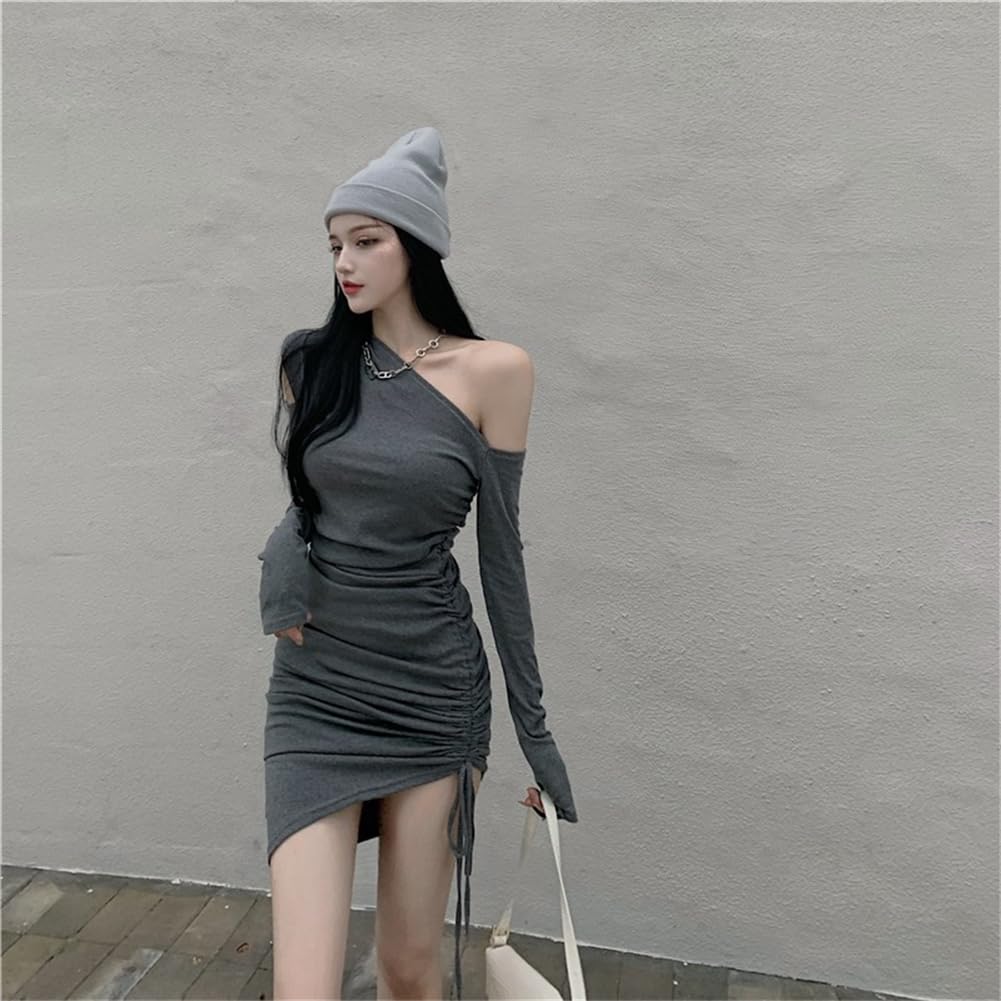 YONGO Long Sleeve Irregular Short Cabaret Party Dress Women's Off-the-Shoulder Dress, Sexy, Fit, Length, Dress, (10 Gray)