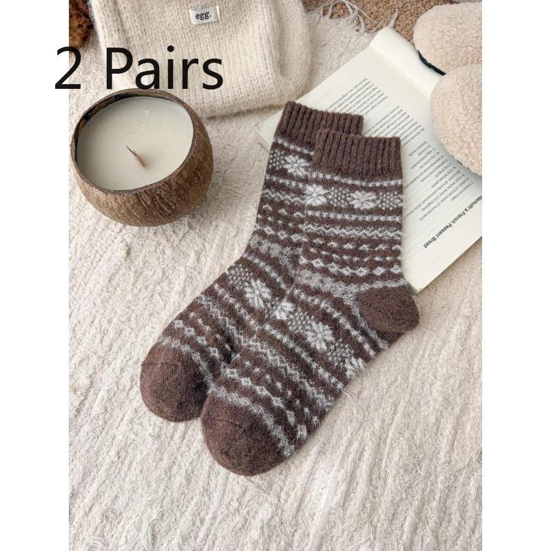 2 пары шерстяных носков Fair Isle - Детские осенне-зимние носки средней длины, длинные носки, вязаные носки, толстые и теплые носки с начесом 2 pairs коричневый