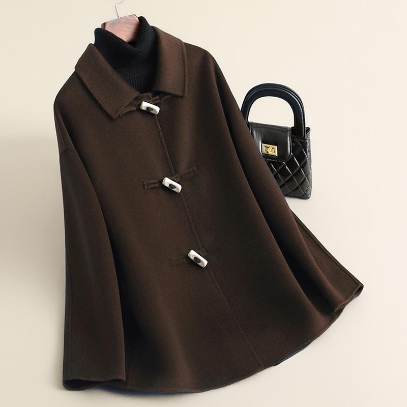 Autumn horn button woolen coat female college style small medium and long woolen coat high-end female
