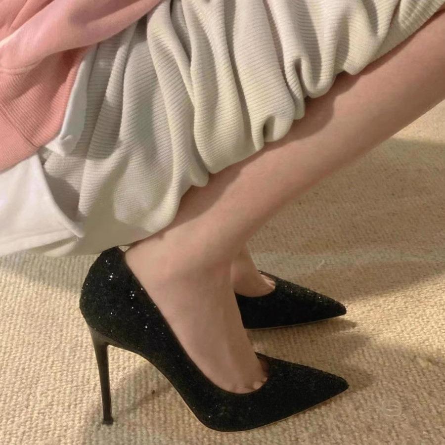 2024 nové super špičaté vysoké podpatky s červenou podrážkou dámské flitrované boty na profesionální přehlídkové molo