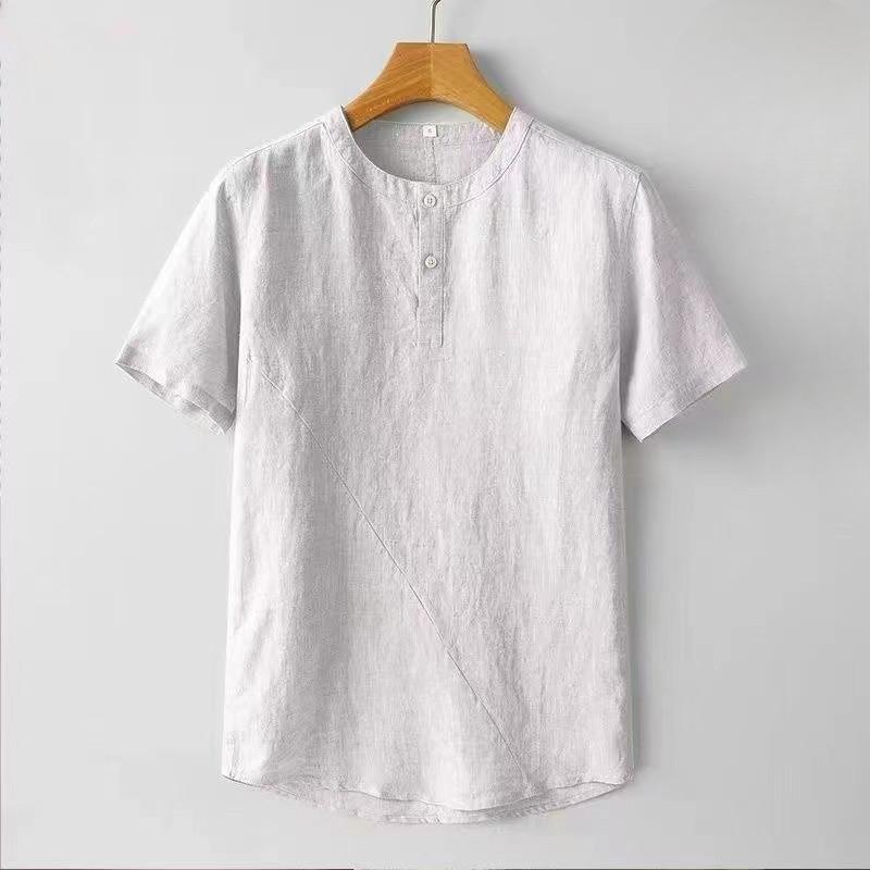 Chinese Style Men's Linen Short-sleeved Shirt Men's Summer Thin Casual Retro Cotton and Linen Pullover Stand-up Collar Shirt