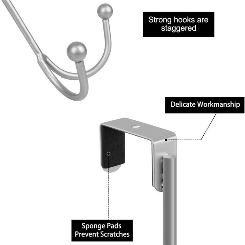 AEE4-2Packs Over The Door Double Hanger Hooks, Metal Twin Hooks Organizer For Hanging Coats, Hats, Robes, Towels- Silver
