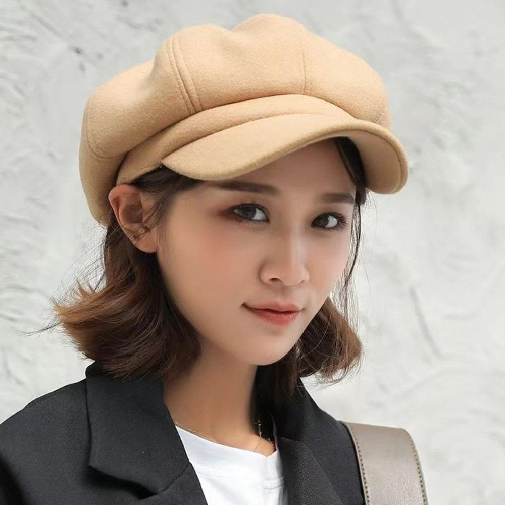 Solid Color British Berets Ear Protection Artist Hat Elegant Woolen Octagonal Hat  Girl