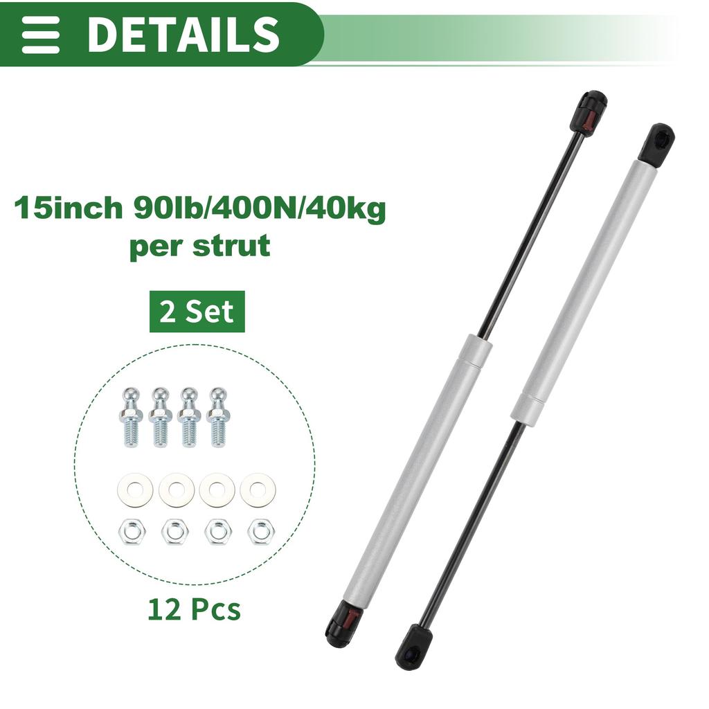 Motoforti Universal Lift Support Strut Shocks, 15"/380mm, 90lb/400N/40kg, Silver Tone, Set of 2