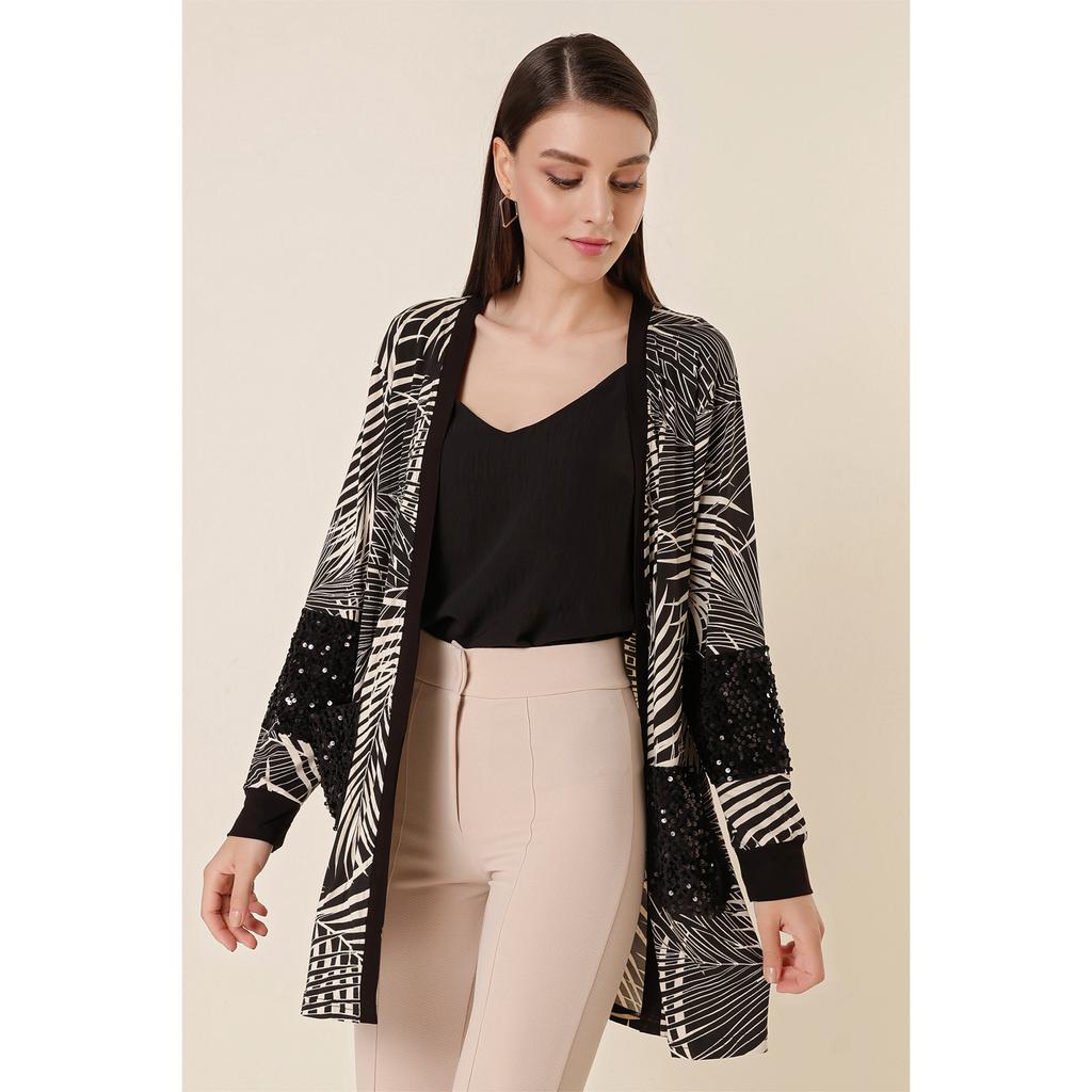 Pulp Detailed Leaf Patterned Pocket Lycra Cardigan