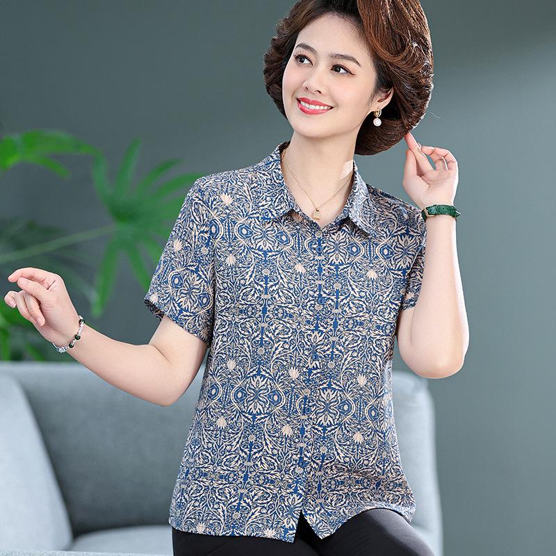 

Floral Mulberry Silk Short-Sleeve Shirt for Middle-Aged and Elderly Women, Petite Fit, Mom Style, Summer Thin Top 2XL (110-120 jin) синій