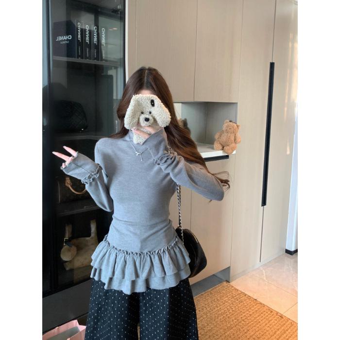 

Korean Style High Neck Lace Patchwork Long Sleeve T-Shirt for Women, Plus Size Slimming Bodycon Top. Medium сірий колір