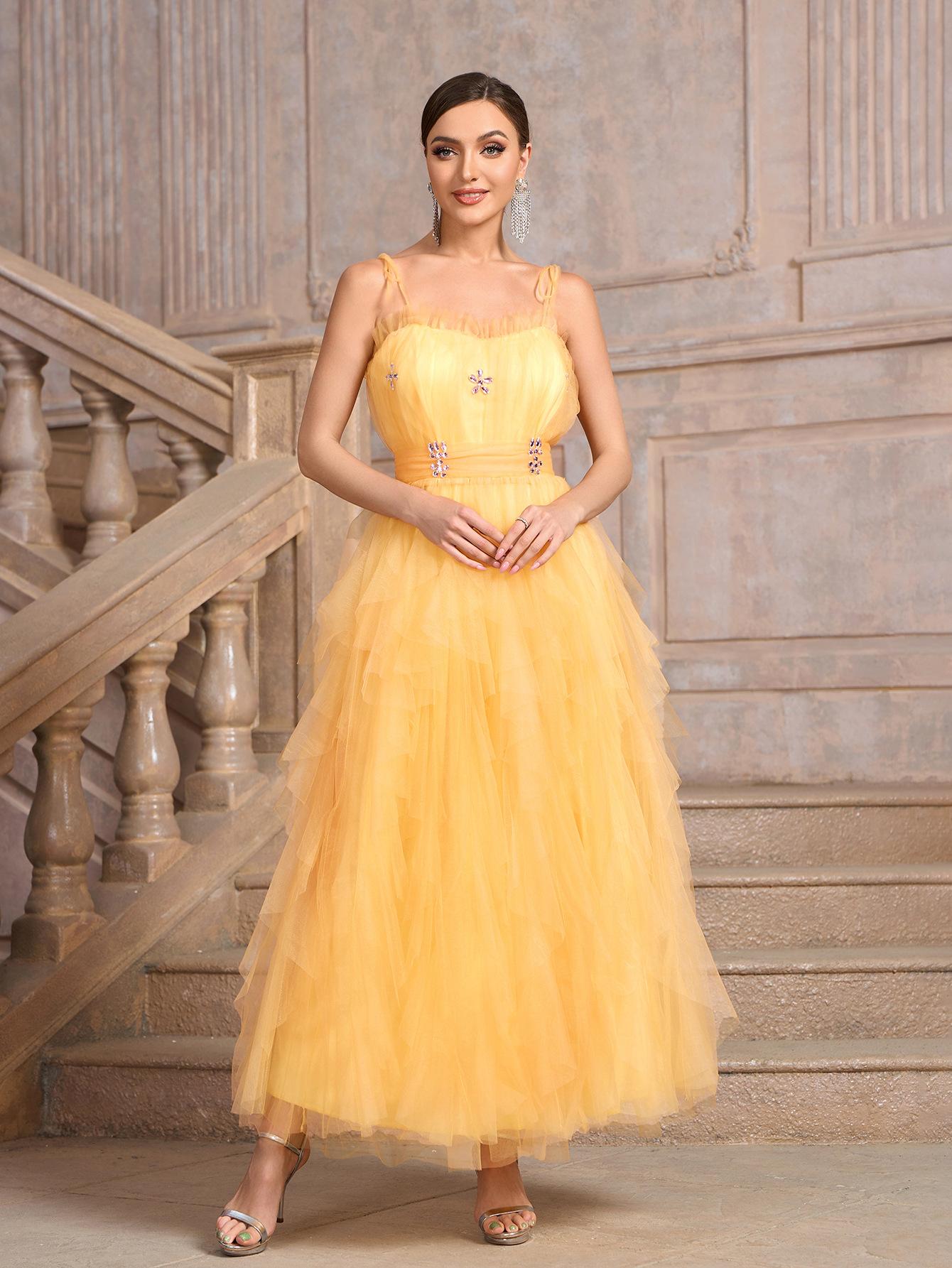 Yellow sling tube top with diamonds