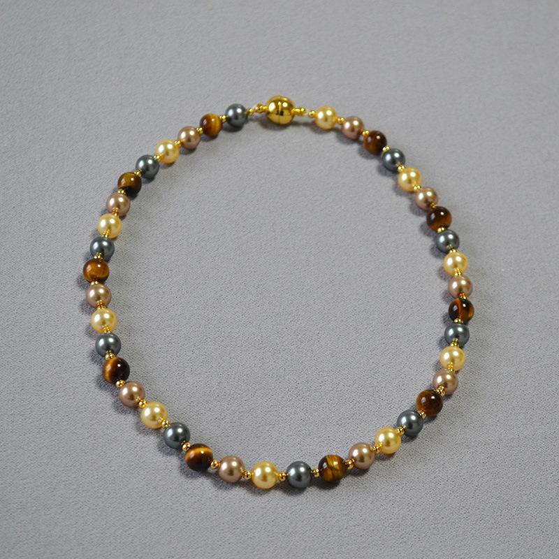 Autumn and Winter New Niche Retro Design Maillard Wind Tiger's Eye Stone Pearl Colored Candy Beaded Magnetic Buckle Necklace
