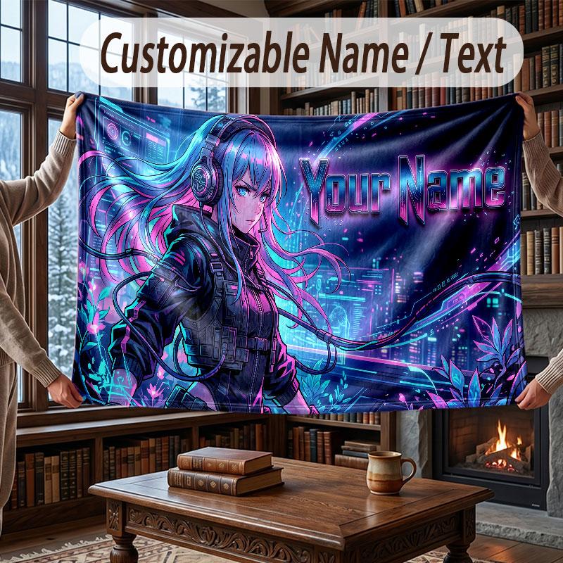 Coperta da divano a tema Cyberpunk Città con nome e testo personalizzati Coperta morbida e accogliente per casa, divano, letto