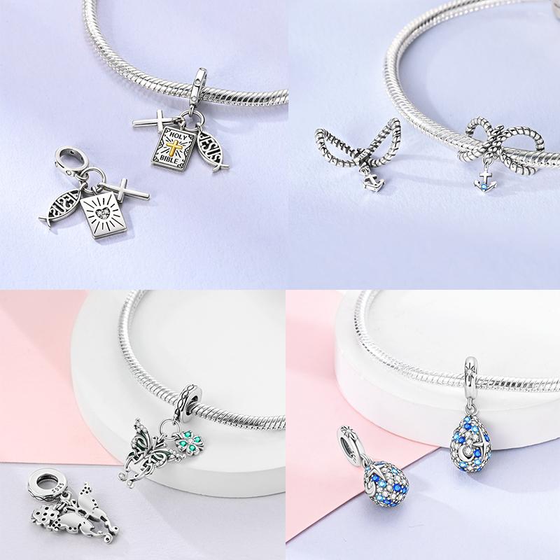 Original 925 Silver Easter Charms Angel Zircon Cross Beads Pendants Fit Original Bracelets For Women DIY Jewelry Gift