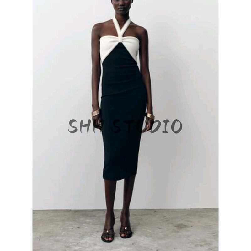 Summer New Product Women's Clothes Minimalist Style Contrast Color Bowknot Decoration Elastic Halterneck Midi Skirt Dress 5584121