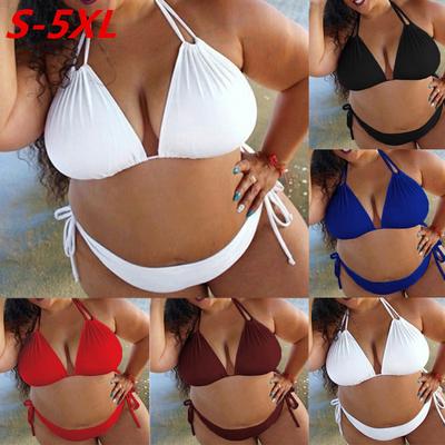 Kadınlar Büyük Beden, Düz Renk, Askılı Boyun Bikini, Bölünmüş Mayo, Mayo