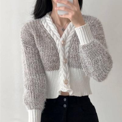 Μανίκια με φυσαλίδες Πλεκτό Γυναικείο Παλτό Ζακέτα 2023 Φθινοπωρινό μικρό άρωμα Γλυκό τυλιγμένο στη μέση Casual πουλόβερ για γυναίκες